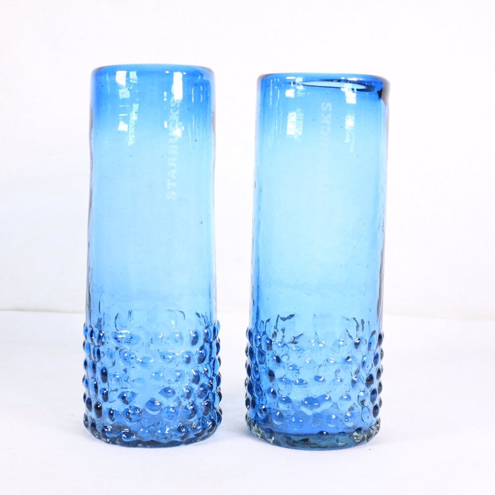 Set of 2 Starbucks Etched Bottle Blue Hand Blown Hobnail Tumbler Cold Glasses